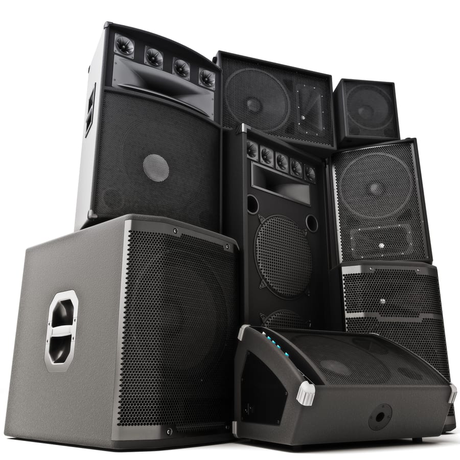 Sound System hire — tower of audio speakers on a white background | Panda Party Hire Hire sound system — tower of audio speakers on a white background for parties and events in Johannesburg, Sandton and Randburg