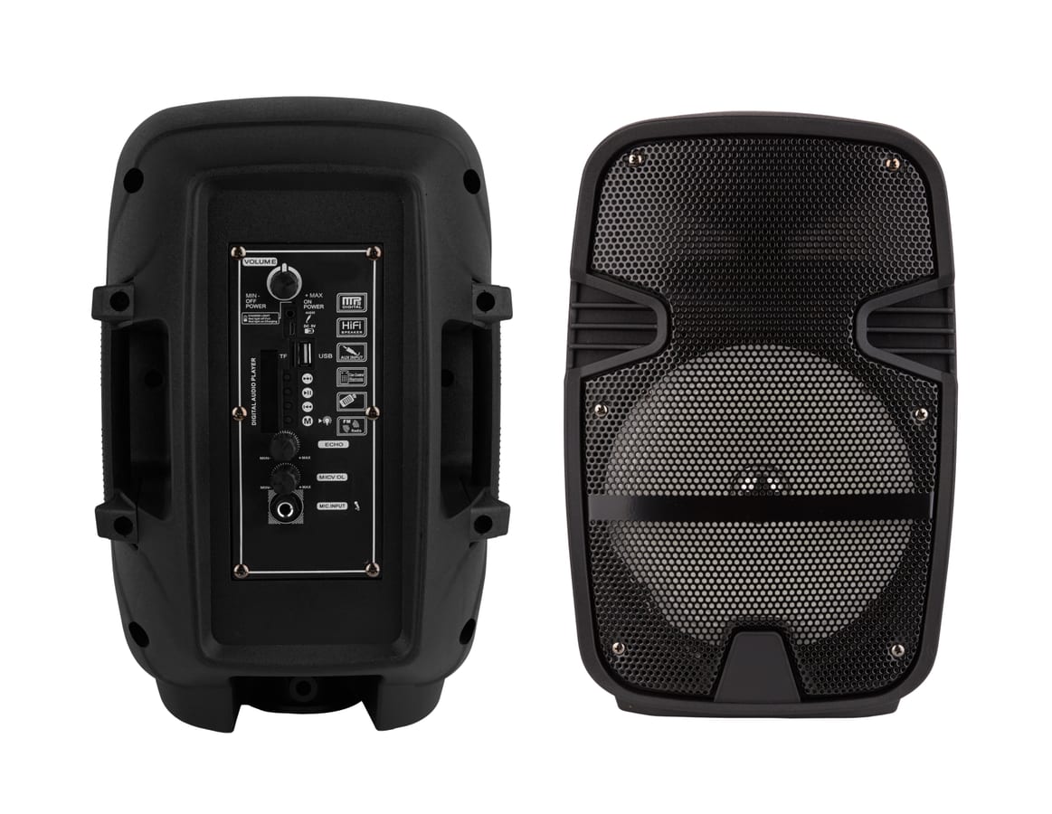 Sound System hire — black loudspeaker system with control panel close | Panda Party Hire Hire sound system — black loudspeaker system with control panel close for parties and events in Johannesburg, Sandton and Randburg