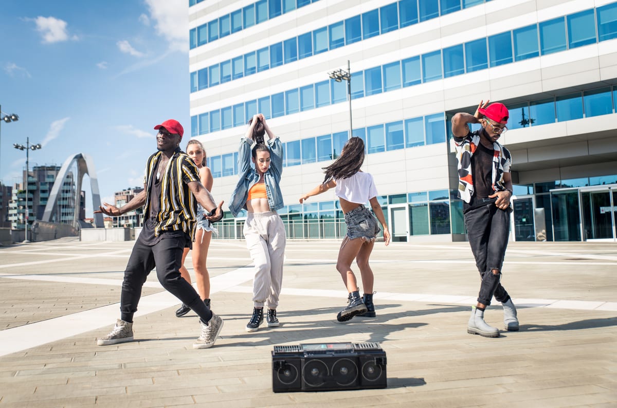 Sound System hire — group of young adults dancing on urban plaza | Panda Party Hire Hire sound system — group of young adults dancing on urban plaza for parties and events in Johannesburg, Sandton and Randburg