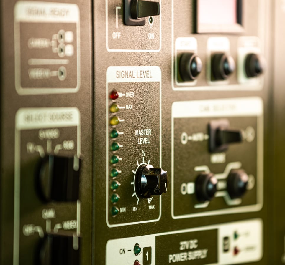 Sound System hire — close up side view of panel of buttons and twirls | Panda Party Hire Hire sound system — close up side view of panel of buttons and twirls for parties and events in Johannesburg, Sandton and Randburg