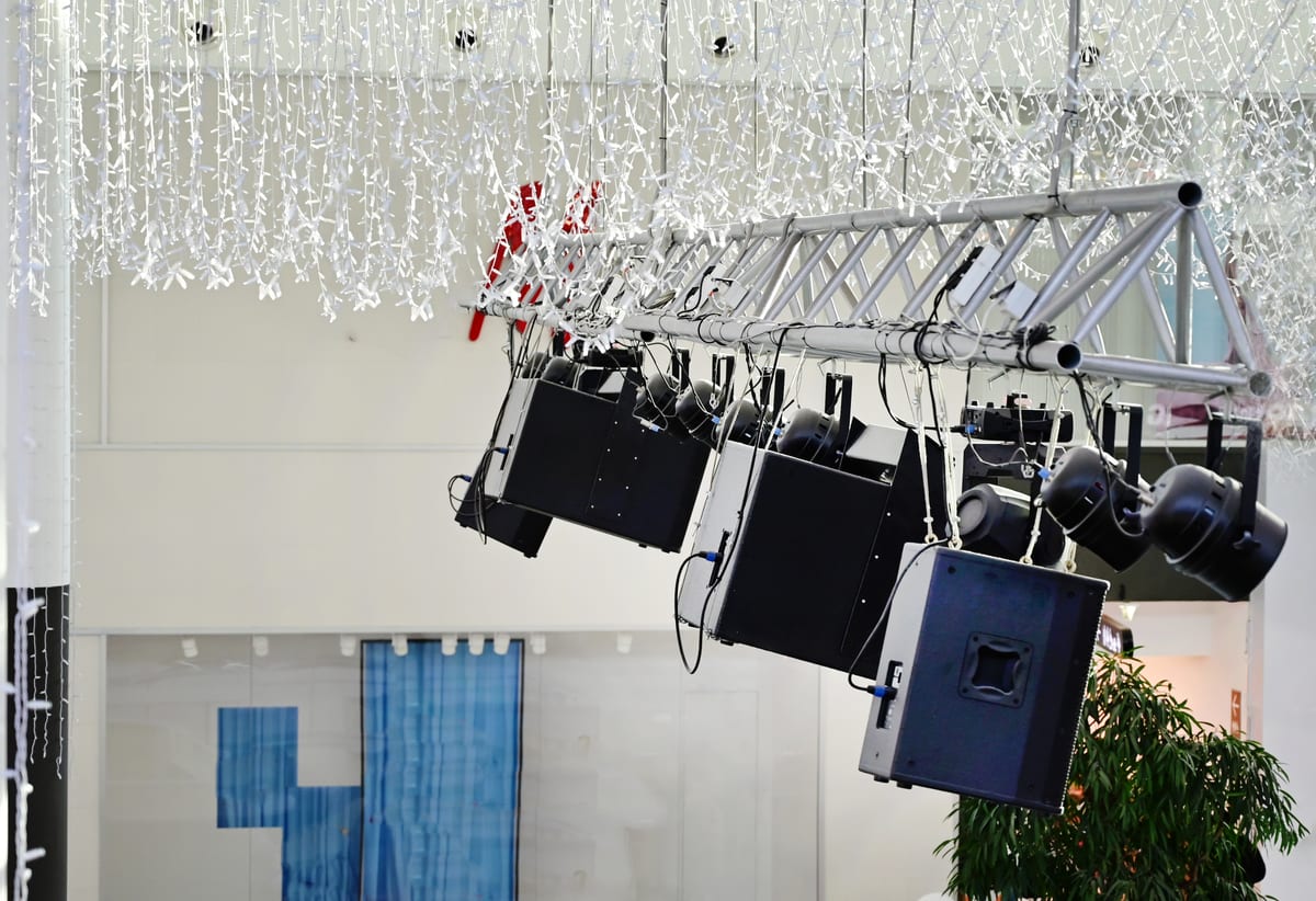 Sound System hire — lighting rig with white decorative hanging element | Panda Party Hire Hire sound system — lighting rig with white decorative hanging element for parties and events in Johannesburg, Sandton and Randburg